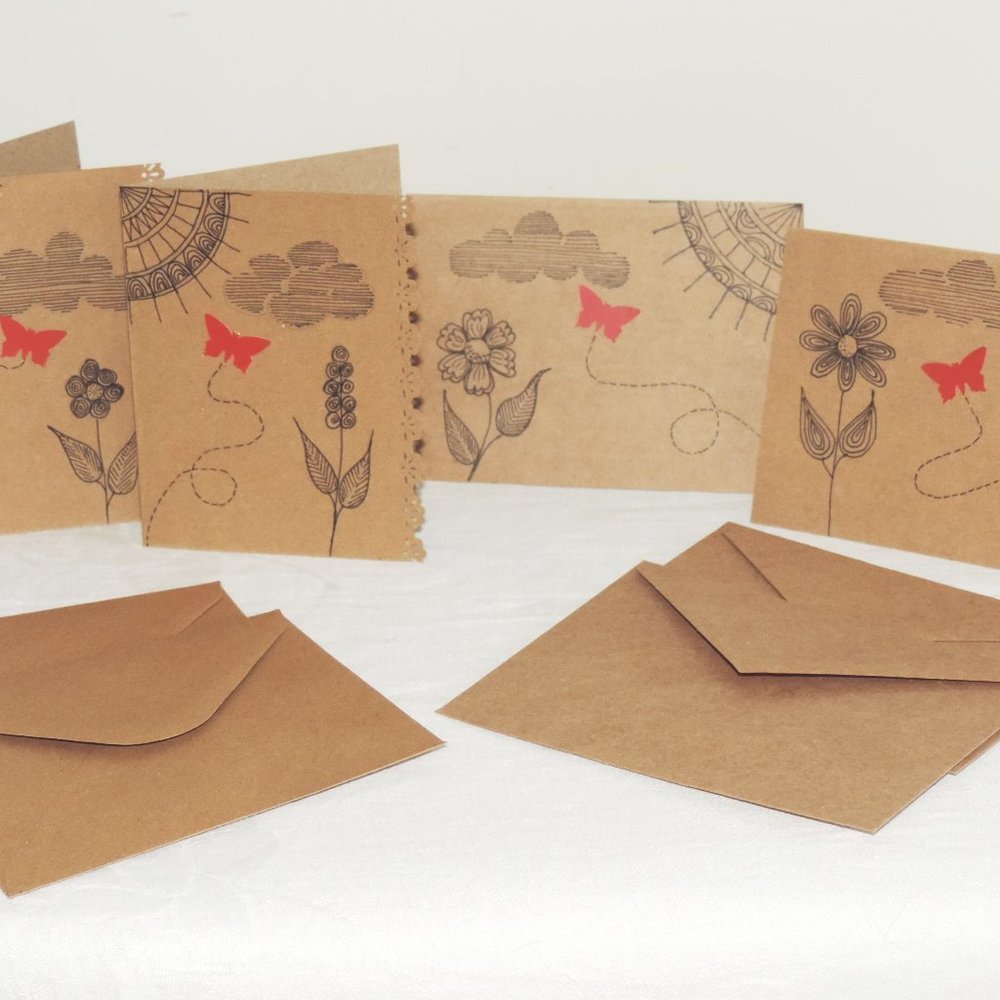 Whimsical Zen Doodle Butterfly Garden Blank Note Cards, Set of 4 with envelopes